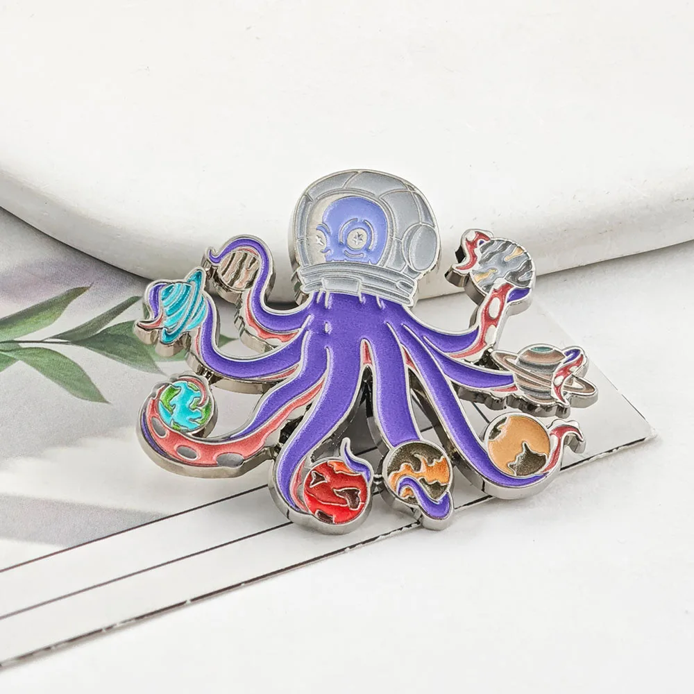 Astronaut Octopus Enamel Pins Space Planet Brooches Cosmic Cthulhu Outer Space Lapel Badge for Clothes Backpack Hat Jewelry Gift