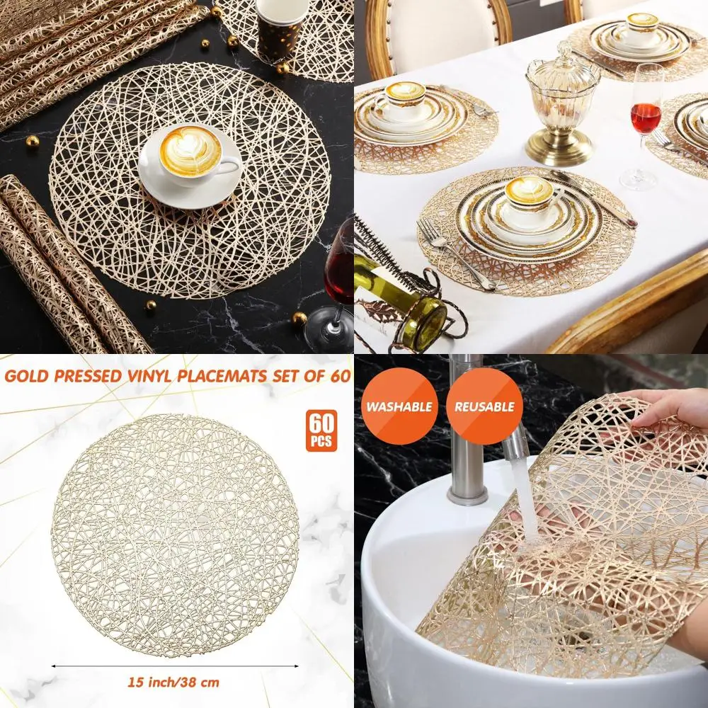 

15 Gold Vinyl Placemats, 60-Pack, Hollow Out Design, Heat Resistant, Ideal for Christmas, Winter Parties, and Weddings