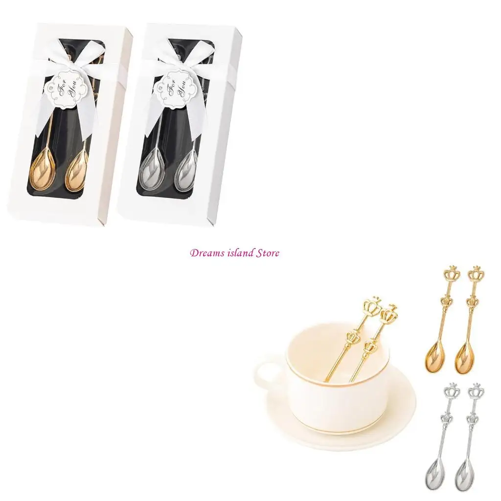 2Pieces Long-Handled Table Teaspoons Crown-Shape Stirring Spoon Coffee Mixing Spoons for Bar Home Office Party Gifts HX6C