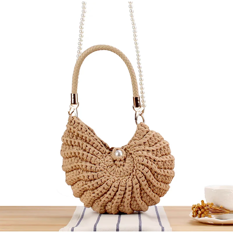 

Bohemian Shell Conch Hand Woven Crossbody Bag Detachable Pearl Chain Buckle Shoulder Bag Exquisite Casual Vacation Handbag New