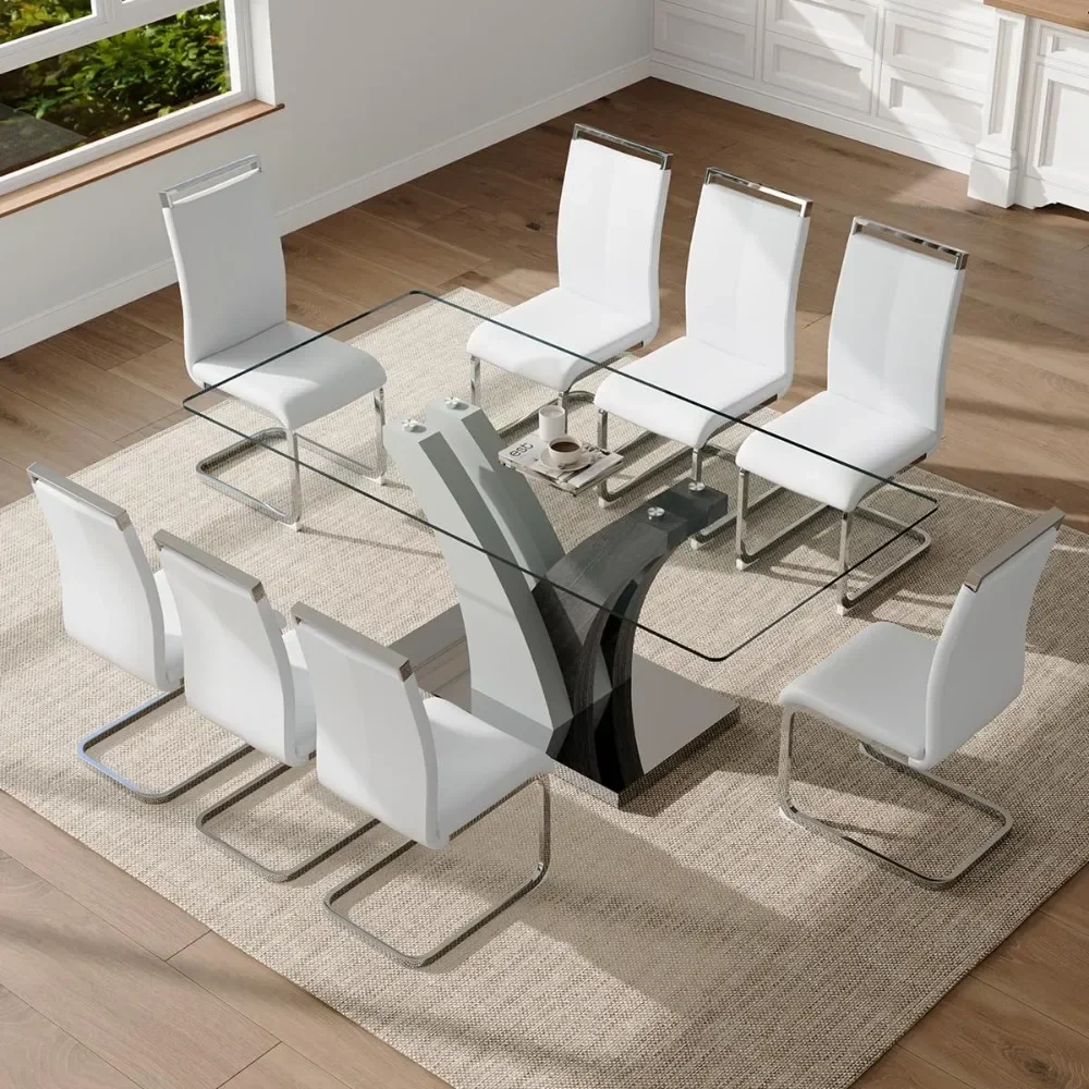 

Modern Dining Room Table Set , Upholstered White PU Leather Chairs,71''Glass Dining Tablefor 8,Rectangular Kitchen Table Set