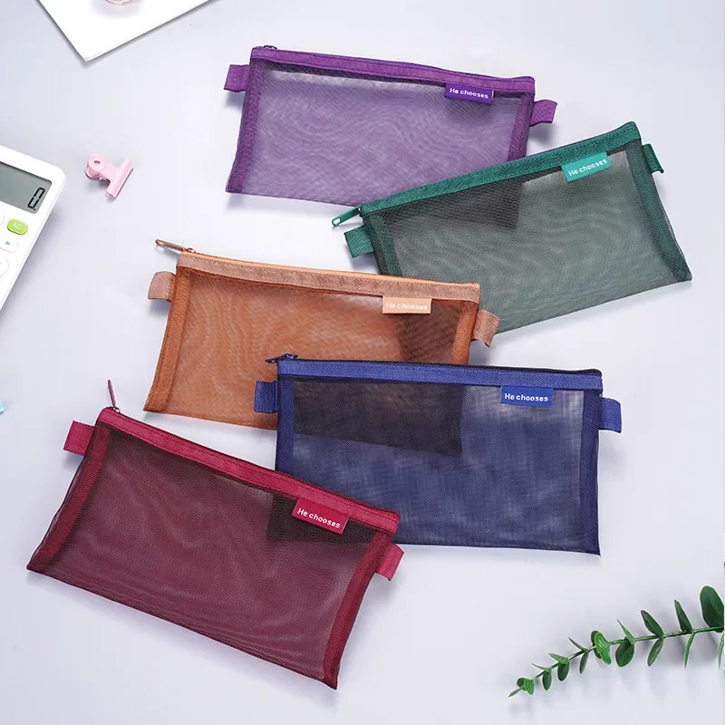 Simple Zipper Pencil Case Mesh Cosmetic Storage Bag Clear Stationery Bag Makeup Pouch Portable Travel Handbag Women Beauty Tools