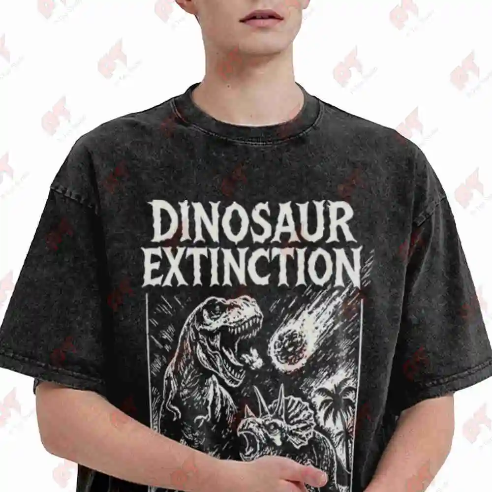 Dinosaur Extinction One Night Only 66 000 BC Rex Vs Triceratops Meteor Strike Vintage Washed Tee Pure Cotton T-Shirt