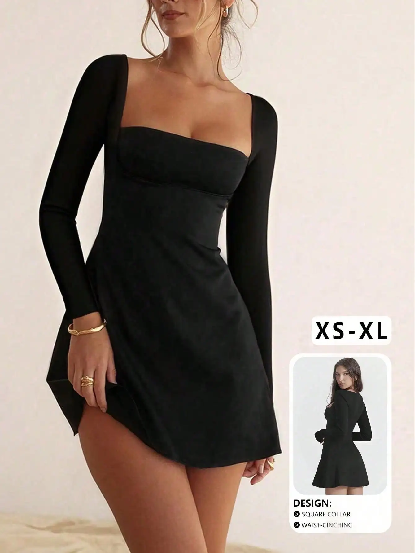 

Black Square Neck Long Sleeve Bodycon Mini Dress with Waist-Cinching Fit