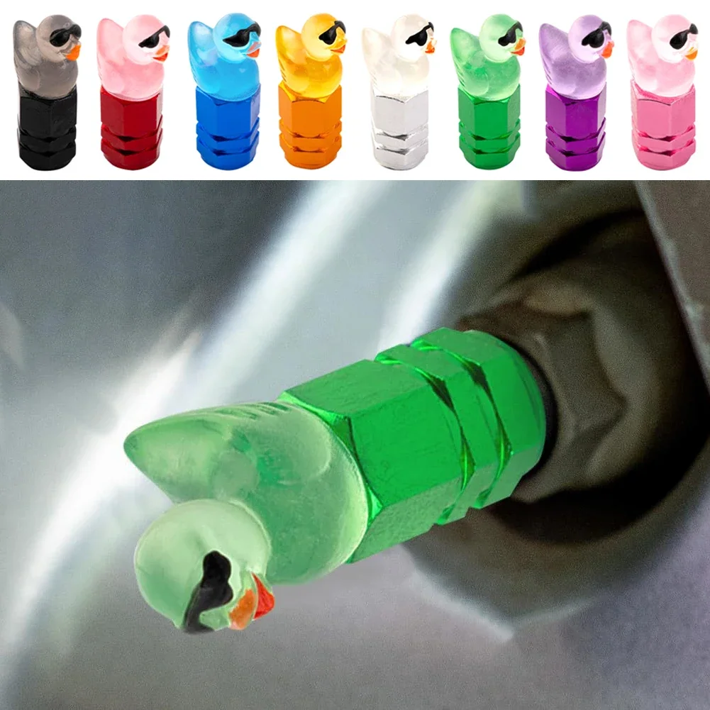 4 قطع من أغطية صمامات إطارات البط اللطيفة مع أغطية جذع الصمامات المزخرفة لعجلات النظارات الشمسية المضحكة - مجموعة من 4 قطع