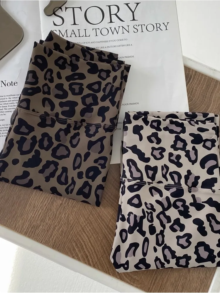 High Waist Yoga Pants Women's Tight Fit Shark Skin Pattern Spring Elastic Base Layer Pants Deep Coffee Leopard Print Casual Wear