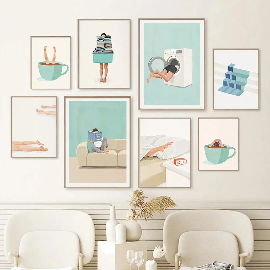 Lavadora de tazas de café minimalista nórdico, cuadro sobre lienzo para pared, carteles e impresiones, imágenes de pared para decoración para sala de estar