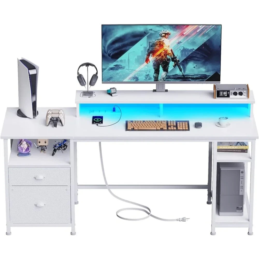 

61" Desk with LED Light & Power Outlets, Reversible Computer Desks withs File Cabinet & Drawer,for Office/Bedroom