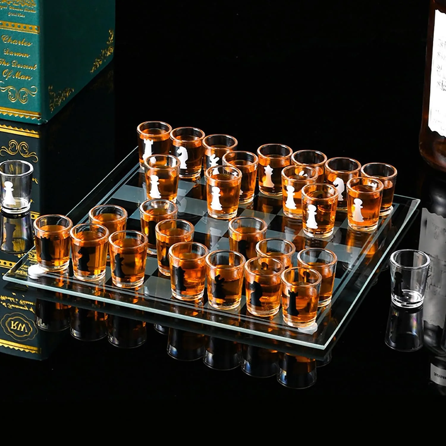 

Shot Glass Chess Set–13.78"/35cm Chess Board with 32 Mini 1.89" Shot Glass Pieces, Fun Drinking Chess Game for Adults,Party Game