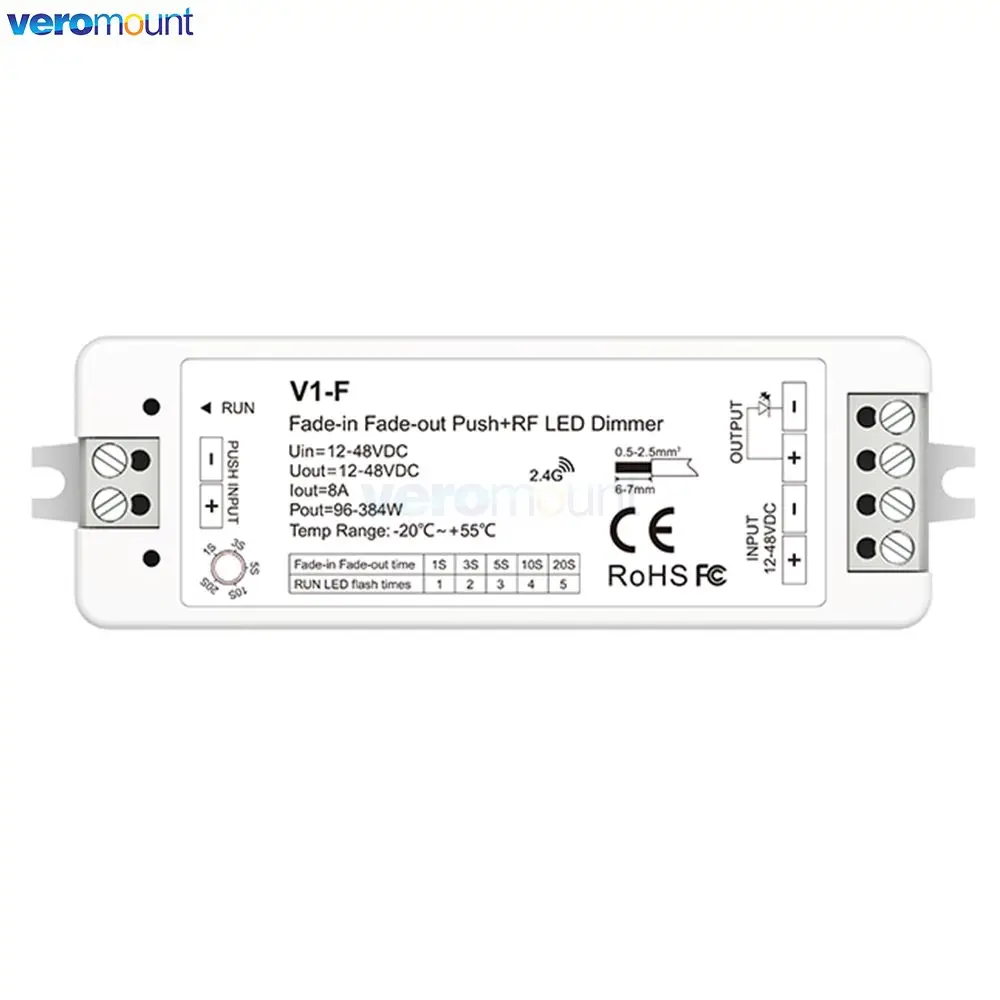 Skydance 1CH * 8A 12V 24V DC CV Fade-in Fade-out LED Dimmer Push Dim V1-F 5 Velocità di decolorimento/Dimming continuo per striscia monocolore