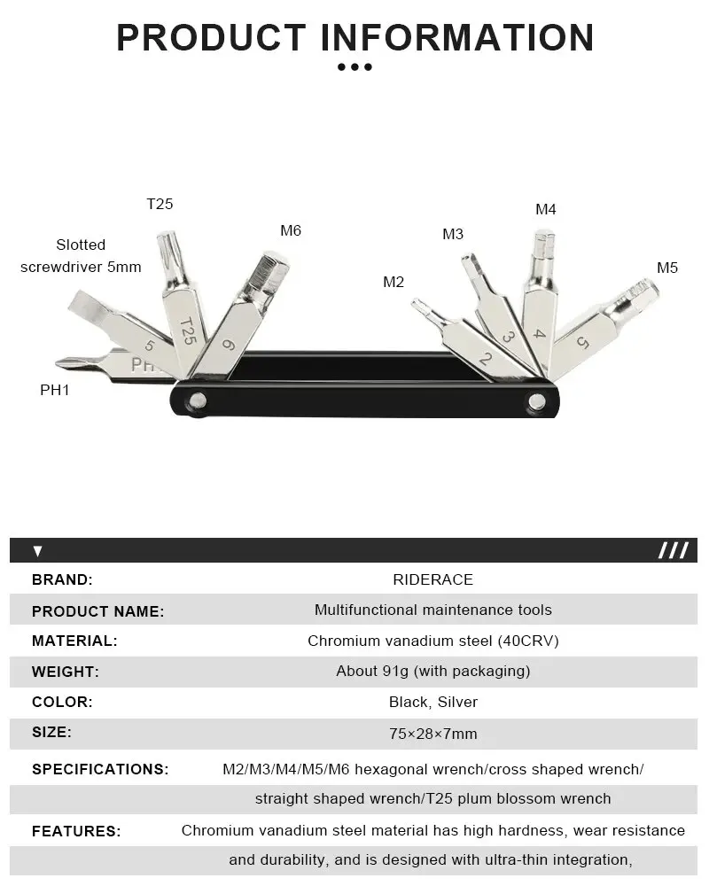 RIDERACE 8-in-1 Multifunktions-Fahrradwerkzeug, Tragbarer CR-V Stahl Sechskant-Speichenschlüssel, Motorrad-Schraubendreher, Vielseitiges Fahrrad-Reparaturwerkzeug – Detail 3