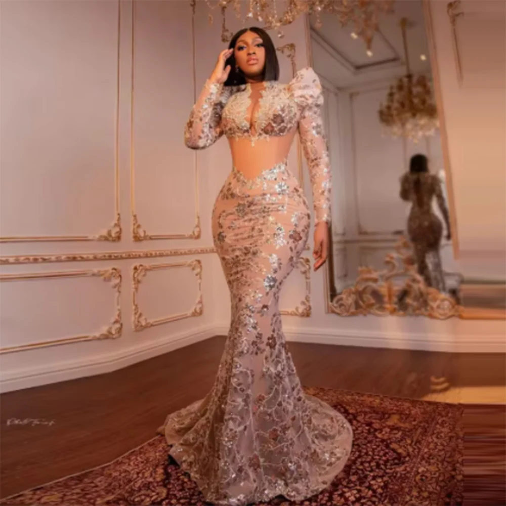 Charming Lace Mermaid Prom Dresses Sexy Sheer Neck Long Sleeves Women Evening Gowns African Sweep Train Champagne Party Dress