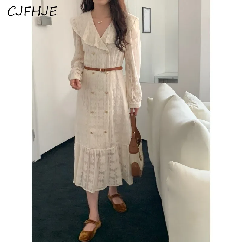 

CJFHJE New Fashion V-neck Ruffle Edge Double Breasted Ladies Fishtail Dress French Heavy Industry Lace Hook Flower Women Dress