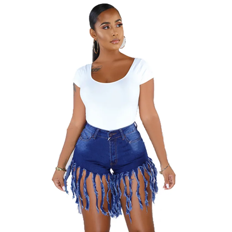 

Women's Blue Denim Shorts Spring European American Trendy Fringe Mid Waist Streetwear Fashion Casual Shorts