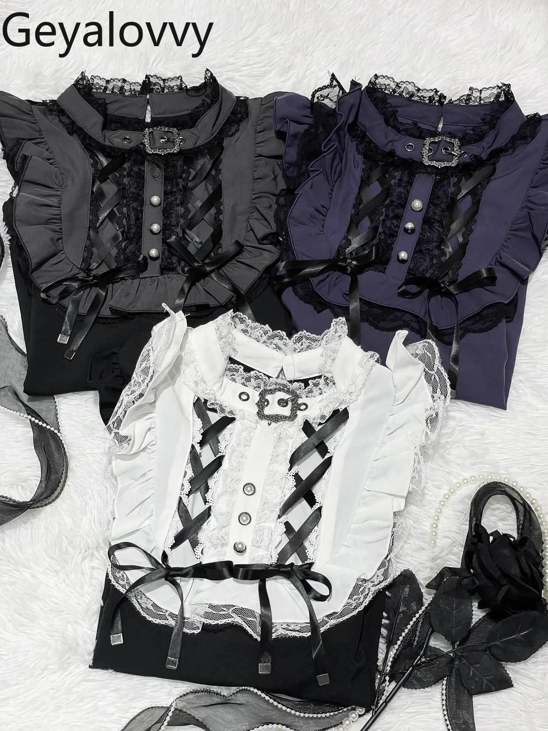 

Spring and Autumn New Japanese Gothic Style Stand Collar Tops Sweet Cute Versatile Blouse Lace Long Sleeve Shirt for Girls