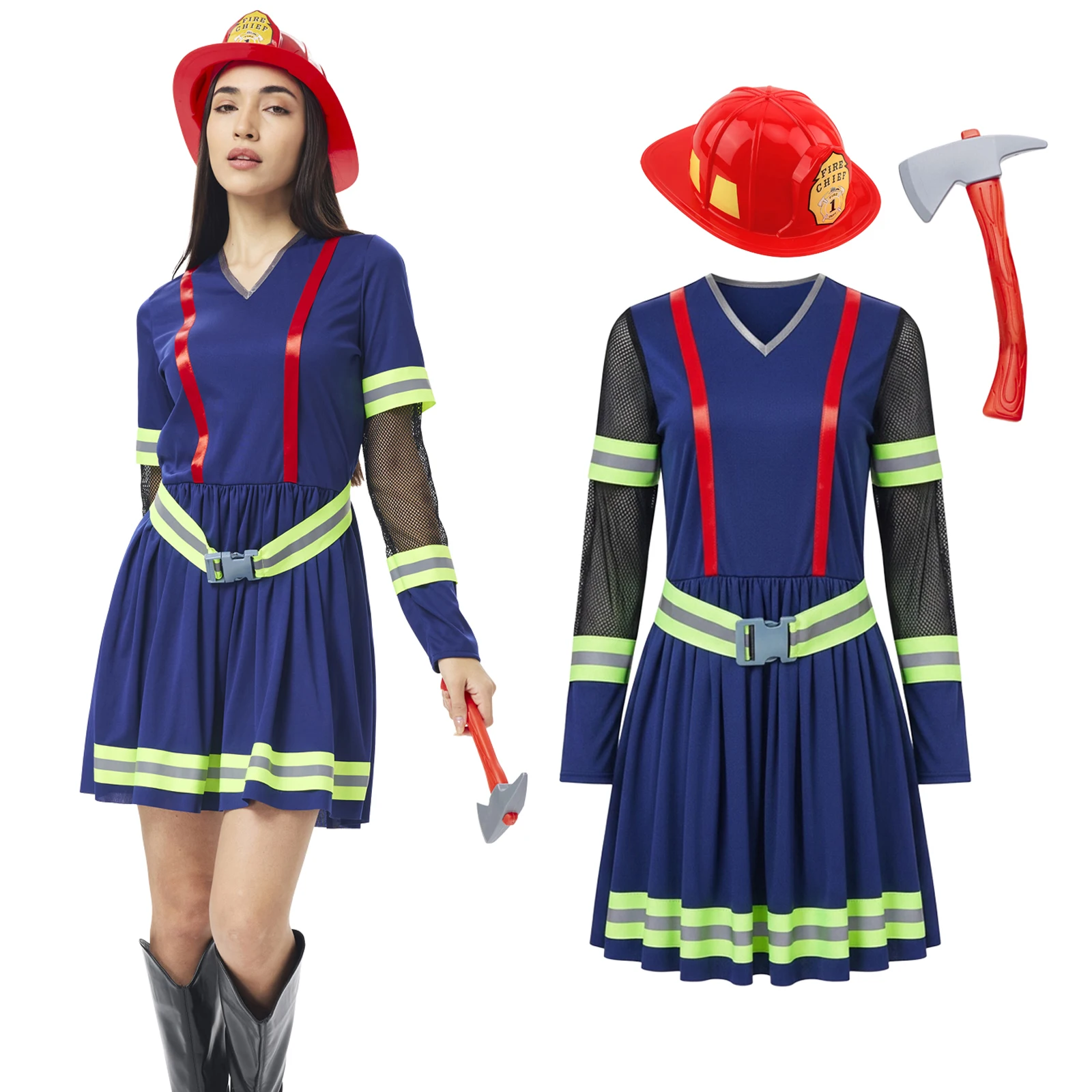 

Firefighter Costume Women Fireman Cosplay Dress With Plastic Fire Fighter Hat Halloween Carnival Outfit Uniform Props