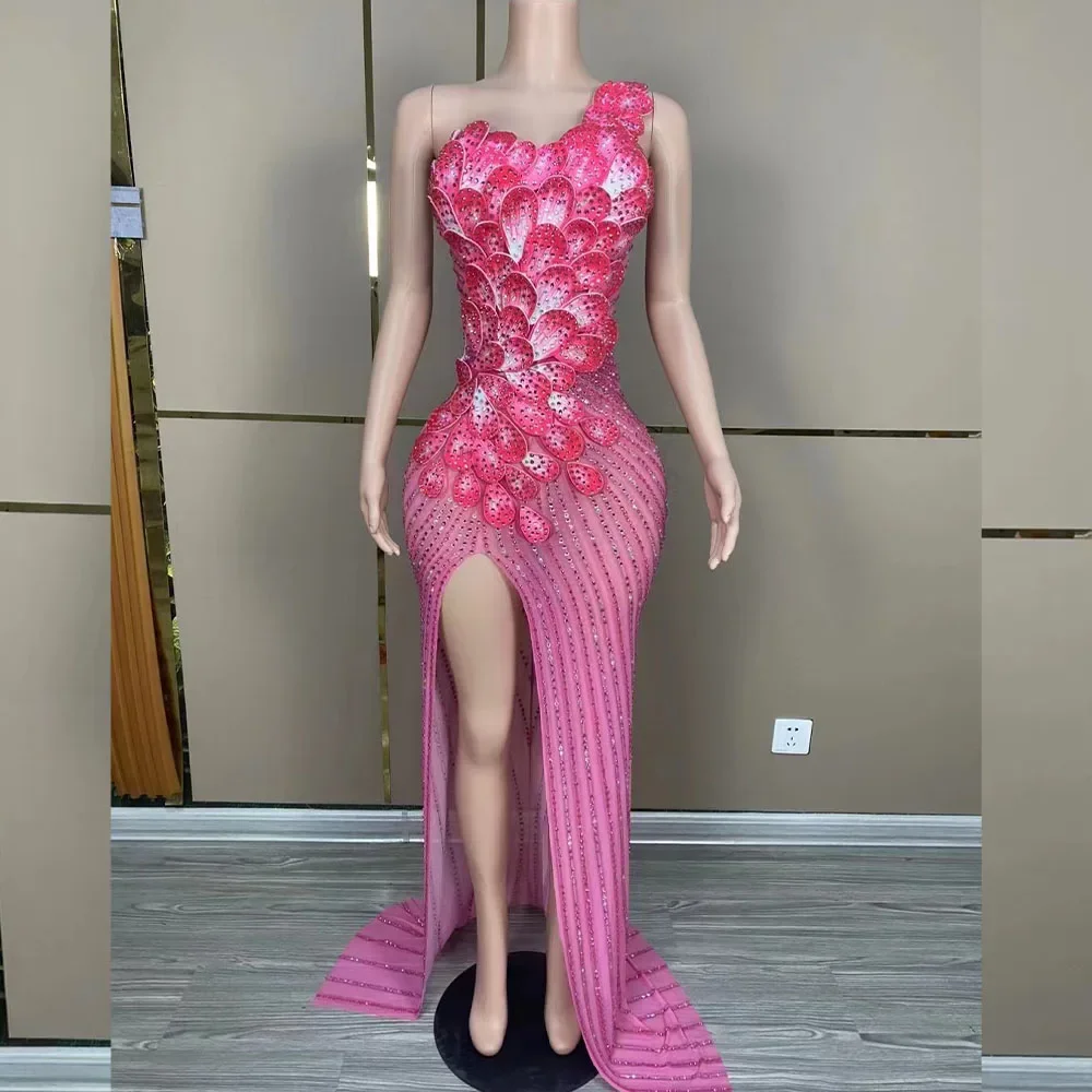 Vestido sem mangas com strass rosa e flores, vestido sexy para festa de aniversário, sessão fotográfica, comemorar, dançar