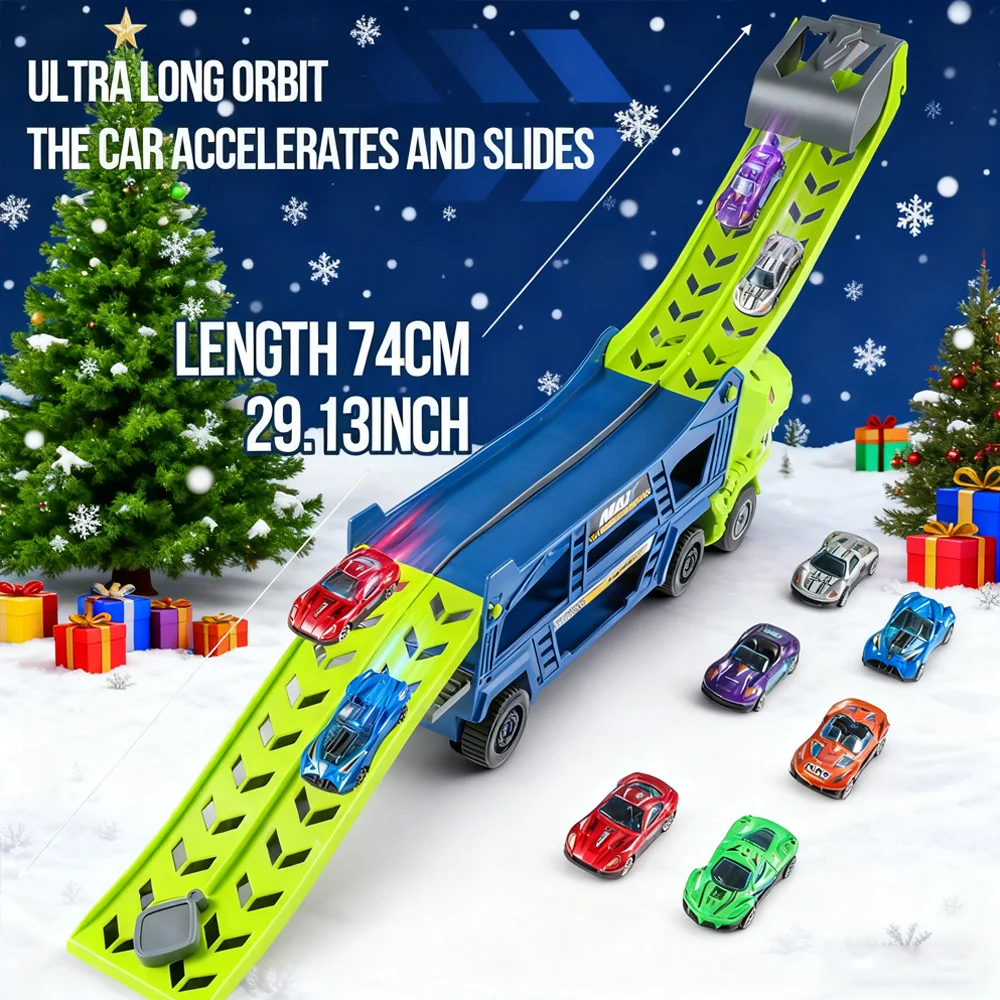 Double-Rail Transforming Toy Truck Christmas Gift with 6 Mini Cars Color Box Packaging Perfect Holiday Surprise for Kids
