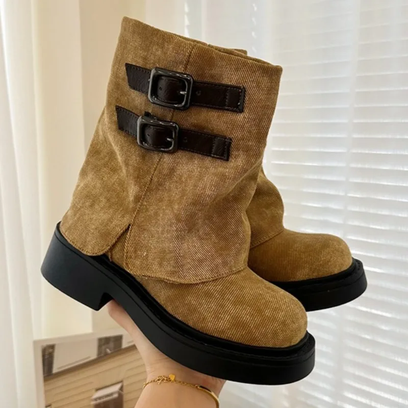 

Women Mid Heels Short Boots Fashion Buckle 2025 Winter Shoes Designer Platform New Trends Mid Calf Boots Dress Party Zapatillas