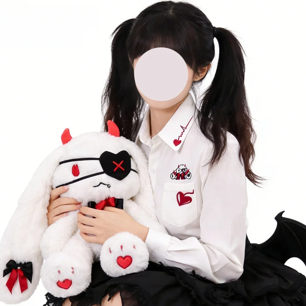 

Original Design Long Sleeve Embroidered White Shirt Cute Cartoon Devil Rabbit Halloween Versatile Fashionable Women's Shirt