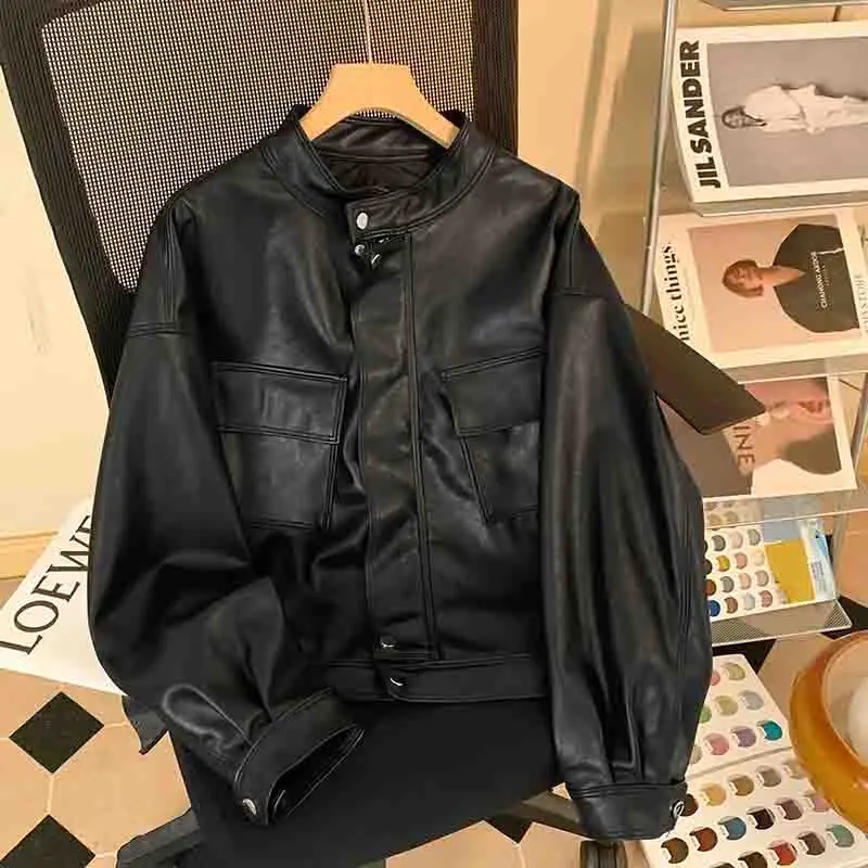 American Style Female Retro Style Short Leather Jacket Korean Spring Autumn Women Loose Leisure PU Leather Jacket Zipper Coat