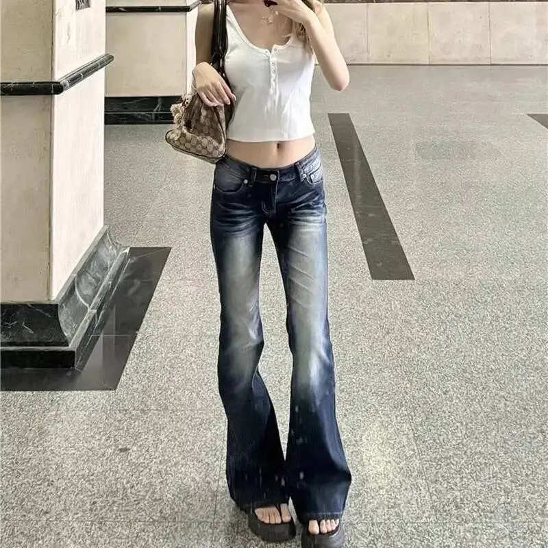 Women Fashion Washed Denim Flares Pants Korean Style Low Waist Slimming Wide Leg Jeans Female Streetwear Sexy Slim Y K Trousers