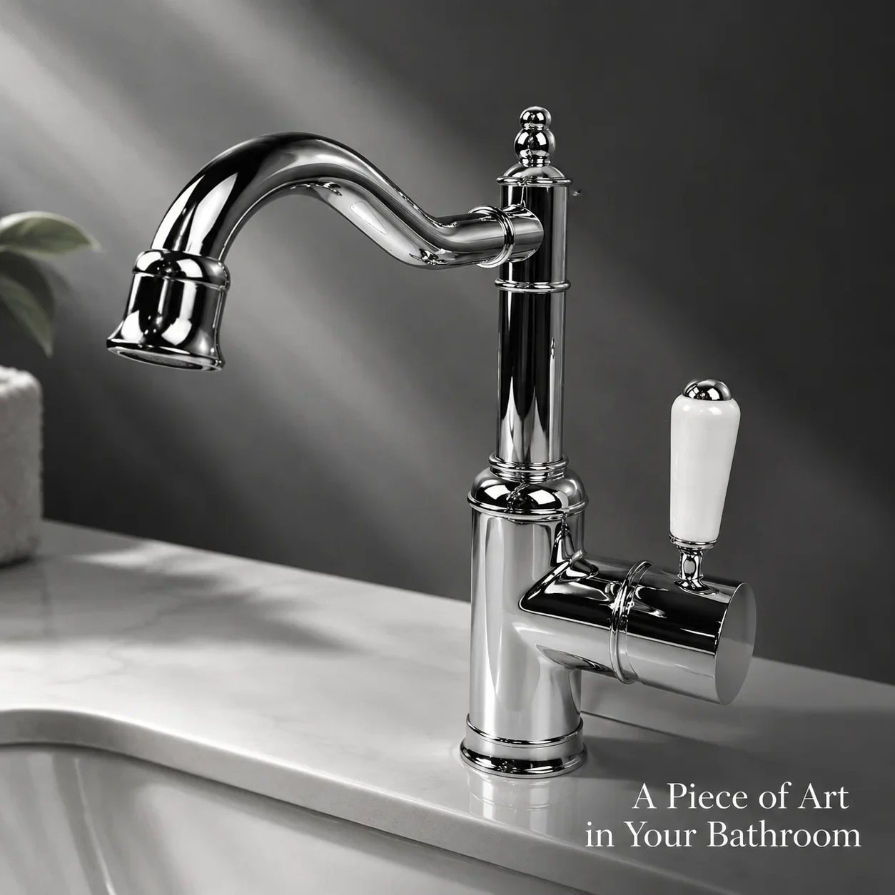 European style bright chrome brass basin faucet, white ceramic handle, 360 ° rotatable spout, bathroom sink, hot and cold hand w