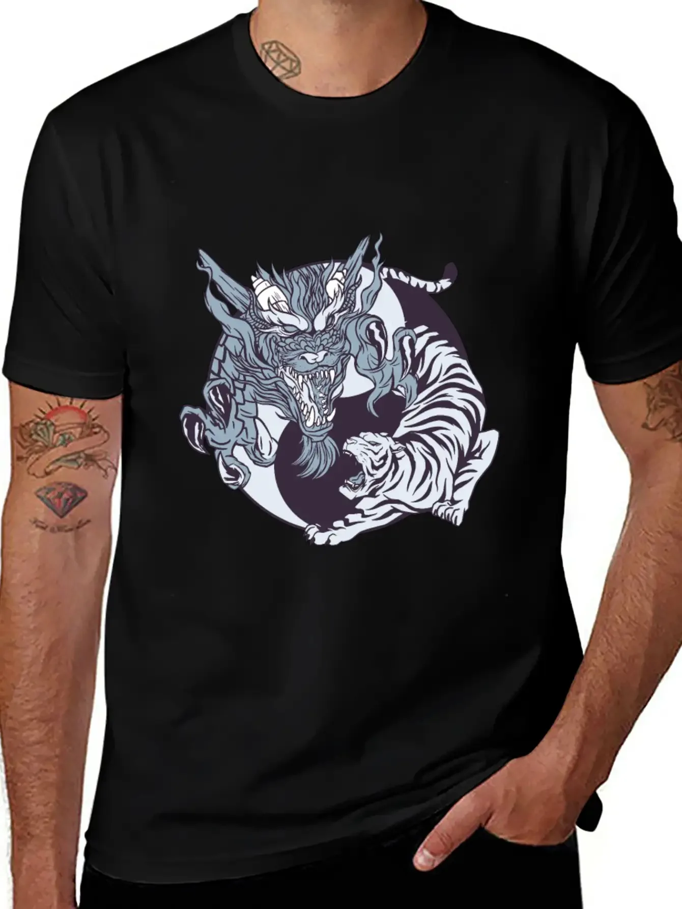 

Yin Yang Dragon and Tiger Print Men's T-Shirt Short Sleeve Cotton Tee Retro Hip-Hop Summer Y2k Tops Men Clothing Oversize Tshirt