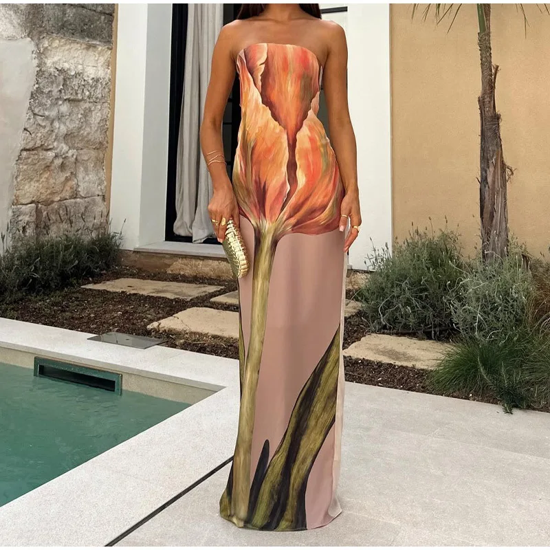 2024 Summer Women Sexy Strapless Backless Flower Printed Long Dress Women Sleeveless Off Shoulder Vestidos Holiday Beach Robes