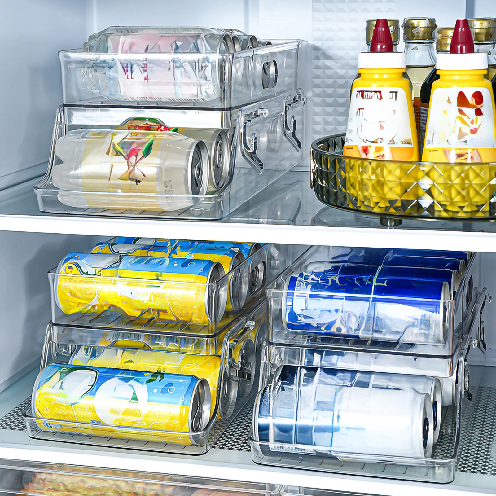 Two Layers Refrigerator Beverage Storage Box Beer Cola Can Rolling Storage Rack Double Drawer Type Kitchen Organization Artifact