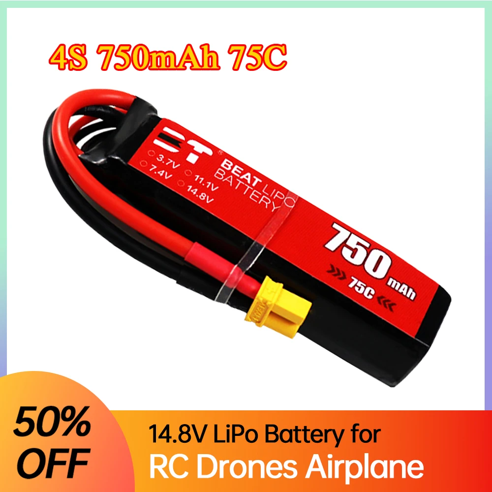 

4S Lipo Battery 750mAh 14.8V 75C for Drones RC Quadcopter Helicopter Cars Boats Spare Parts 4S Rechargeable Battery with XT30