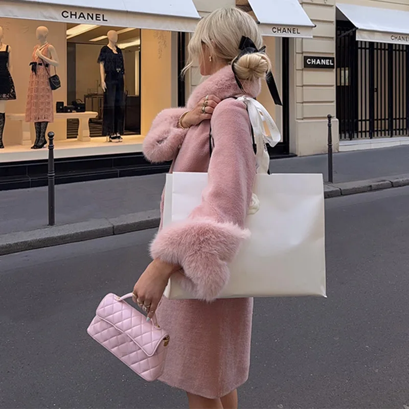 Elegante na moda casaco longo rosa bonito gola de pele do falso outerwear feminino moda data doce casual chique festa feminino streetwear