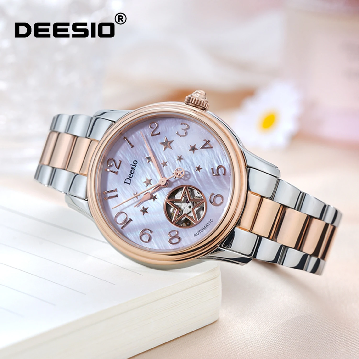 

Deesio Ladies Automatic Watch Luxury Skeleton Shell Dial Stainless Steel Band 50m Waterproof Gift for Valentine Birthday Wife