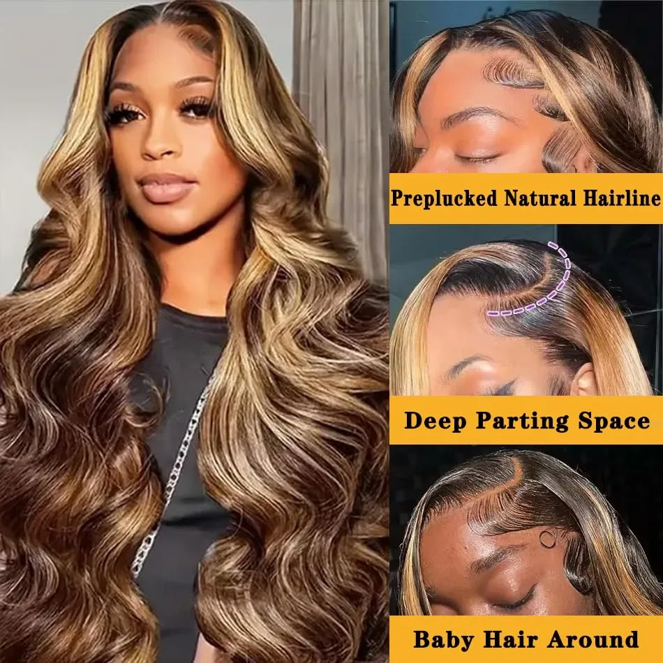 30 Inch Honey Blonde Ombre 13X4 HD Lace Front Wig Human Hair Highlight Body Wave Lace Frontal Wigs Pre Plucked 4/27 Colored image 2