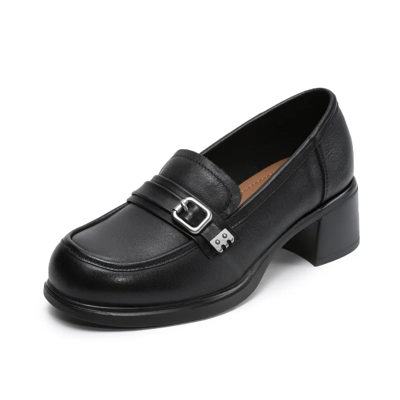 

Модные женские туфли-лоферы с круглым носком из натуральной коровьей кожи, весенние туфли в британском стиле, элегантные туфли на толстом каблуке для отдыха