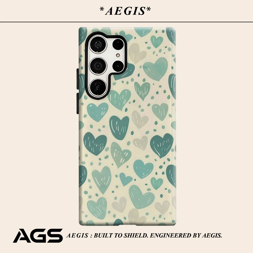 Teal Heart Texture Phone Case for Samsung Galaxy S25 Ultra S24 S23 Ultra Plus Glossy Double-layer Back Cover