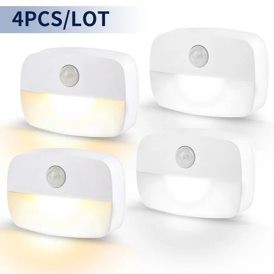 4pcs Motion Sensor LED Night Light Wireless AAA Battery Powered Night Lamp Bedroom Stair Closet Wardrobe Hallway Kitchen Lights