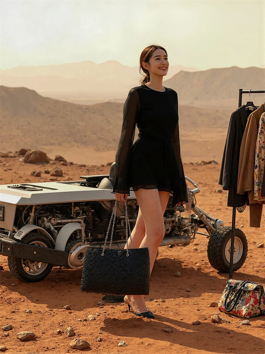 ชุดเดรสสีดำสำหรับผู้หญิง สายเดี่ยว แขนบานระบาย ชั้นระบายเป็นชั้นๆ แบบเจ้าหญิง หวาน น่ารัก สวย น่ารัก