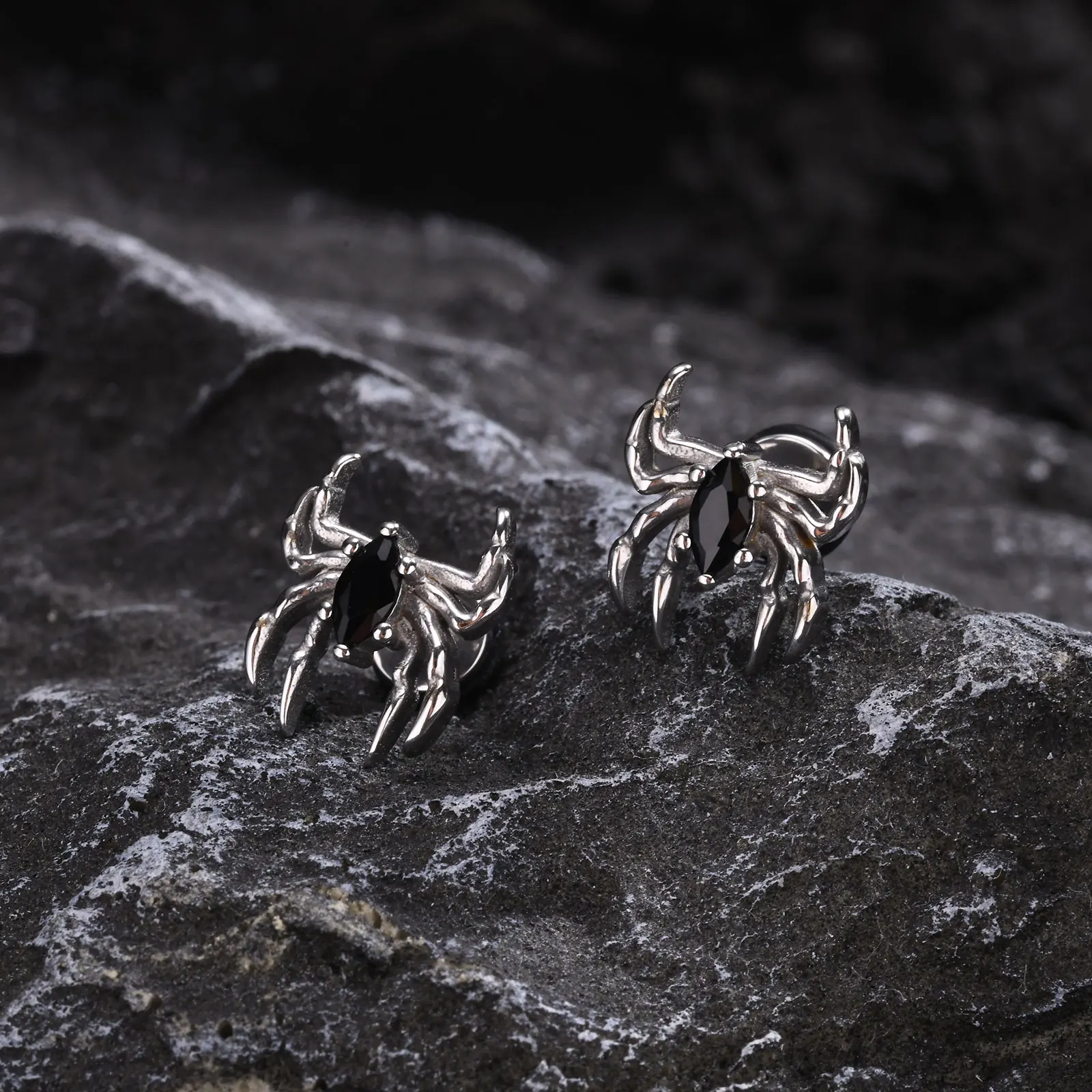 Mprainbow Punk Spider Earrings for Men Women,Stainless Steel Black Stone Stud Earrings,Cool Halloween Jewelry Gift