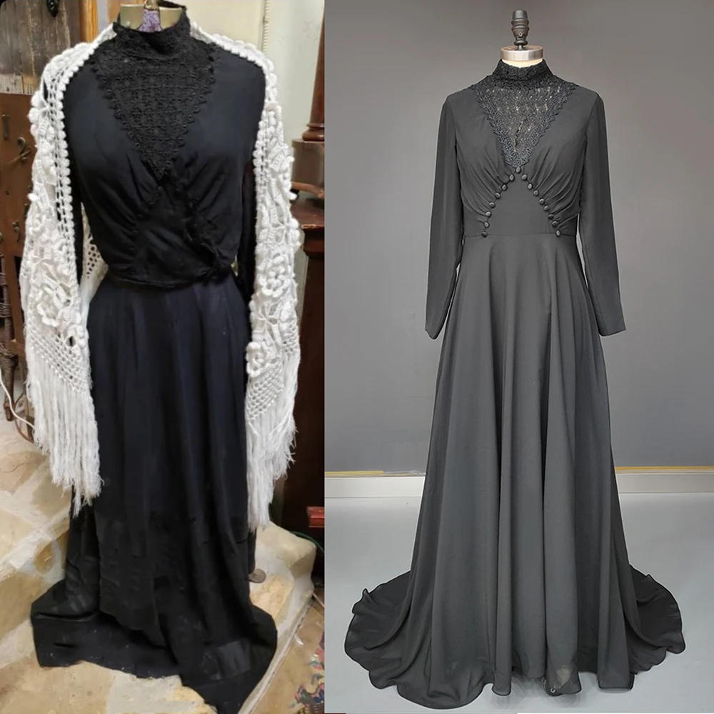 Black Lace Long Sleeves Wedding Robe Dresses High Neck A Line Buttons Custom Made Drop Ship Muslim Ruched Chiffon Bridal Gowns