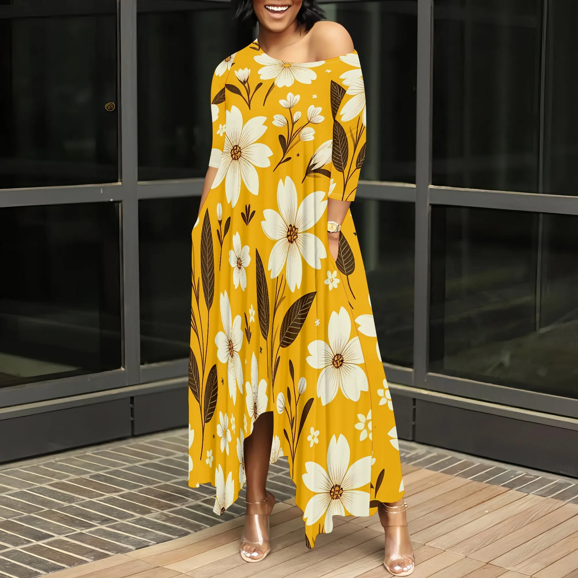 Nupusa Floral Print Dress for Women Standard Size Summer Casual Off - Shoulder Half Sleeve Maxi Dress