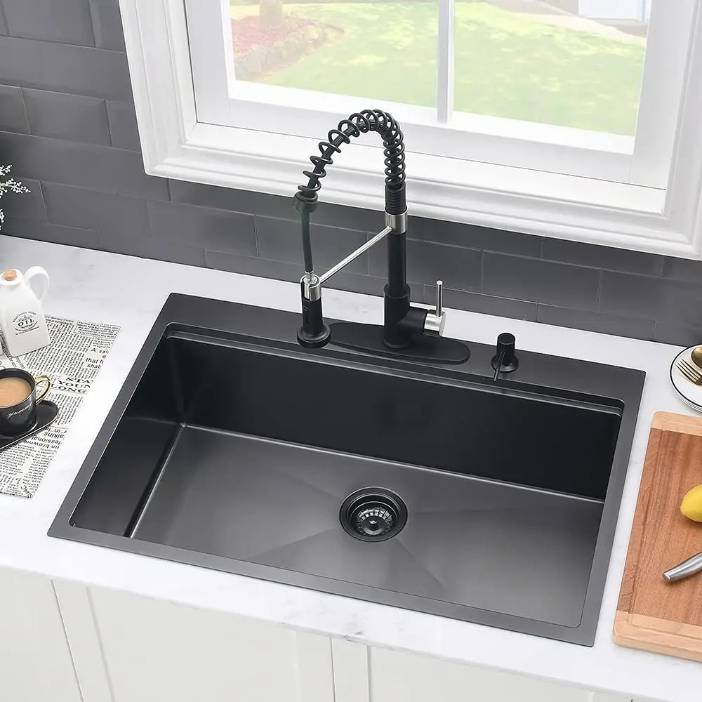 Kitchen Sink Drop In Workstation Sink 16 Gauge Satinless Steel Single Bowl Deep Kitchen Sink Black with Cutting Board