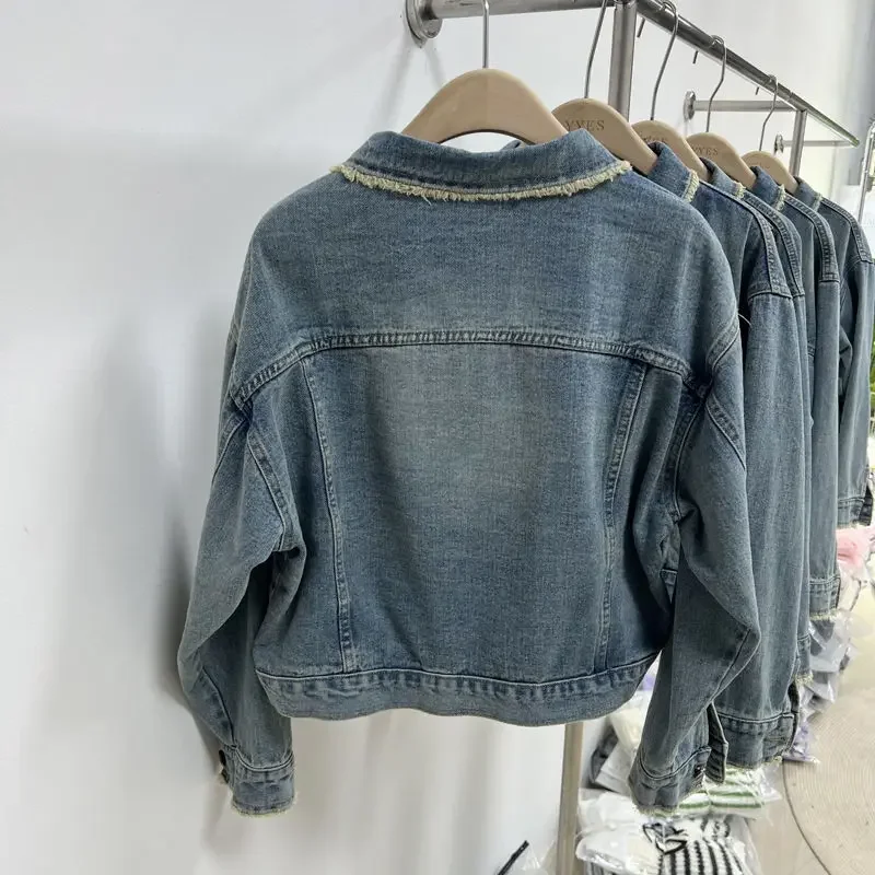 Pop lente nieuwe retro geborstelde rand denim jack met ontwerp temperament denim top voor dagelijks gebruik veelzijdige jas trendy outfit