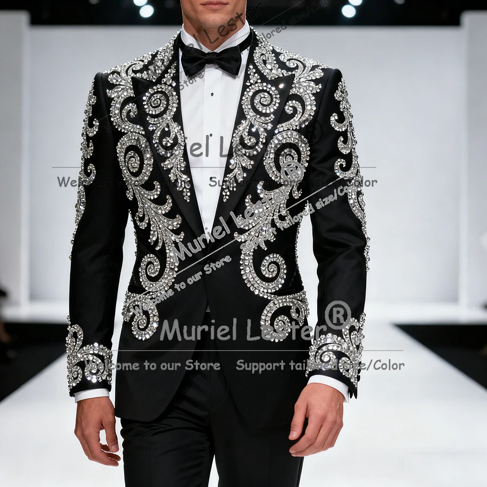 

Metallic Beaded Stones Men Suit Attire Brilliant Single Breasted Prom Blazers Outfits Slim Fit Groom Wedding Tuxedos Customized