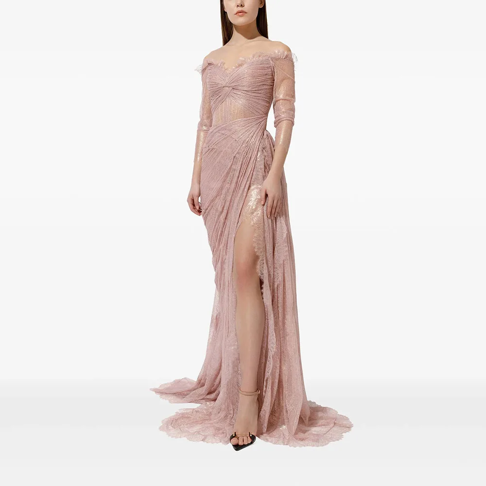 Elegante avondjurk boothals plooi 3/4 mouwen avondjurken kant zeemeermin vloerlengte formele feestjurken op maat