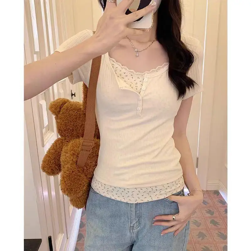 

Slimming Lace ort Sve T-irt for Women Sweet Sle ort Length Regular Sve No Brand Registered Trademark