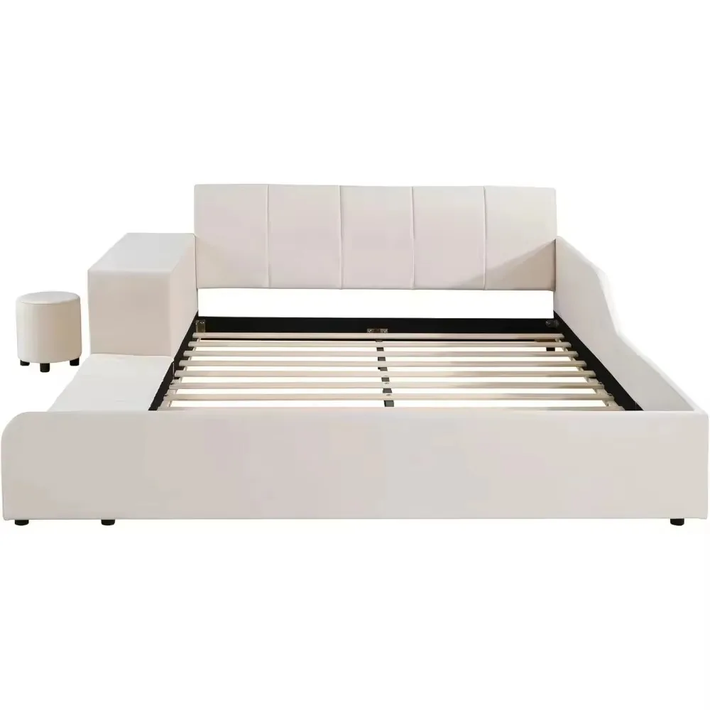 Cama tapizada tamaño Queen con mesita de noche y taburete, cabecero tapizado, estructura de cama con base de madera tapizada molida