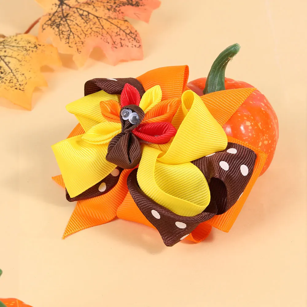 Fashion Cartoon Ribbon Turkey Hairpin Thanksgiving Bowknot Hair Bow Clips Kids Barrettes Headwear Girls Hair Accessories