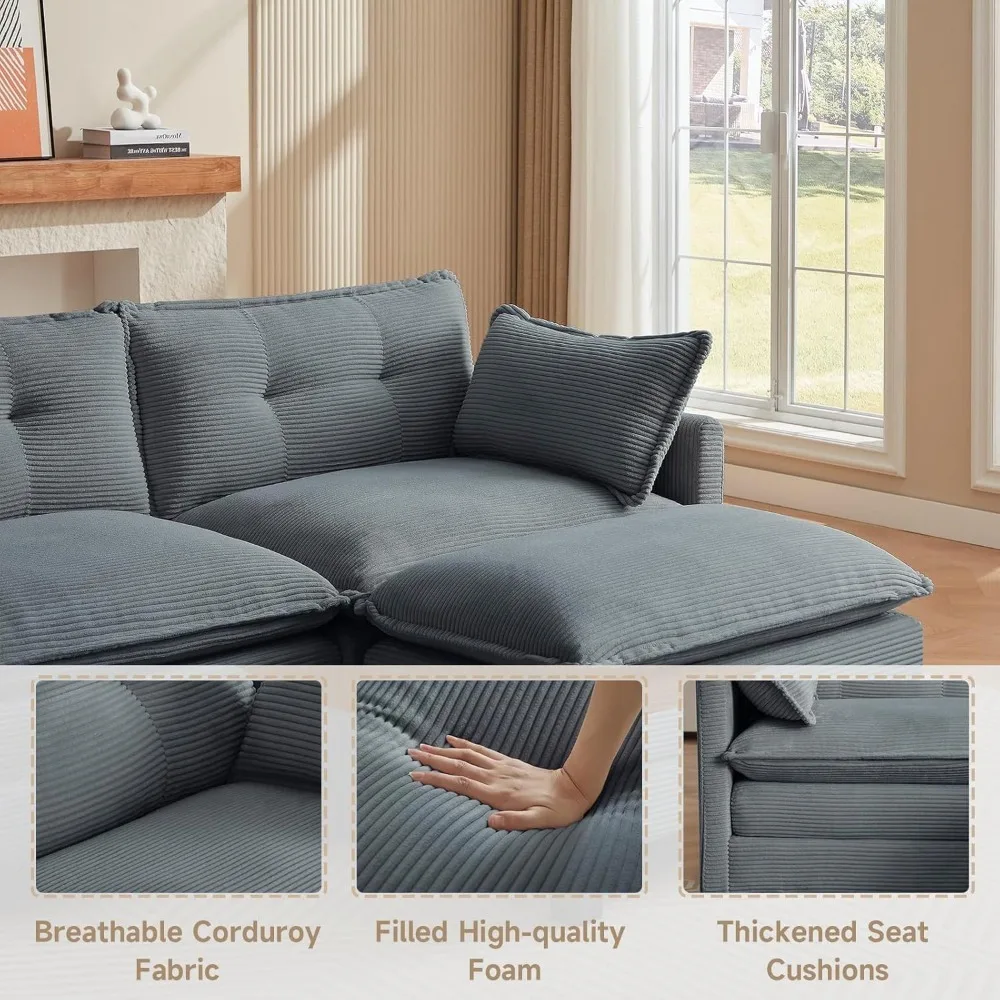 

111.5" u-shaped corduroy comfy sectional couches for living room, 3-seater cloud couches with 2 movable