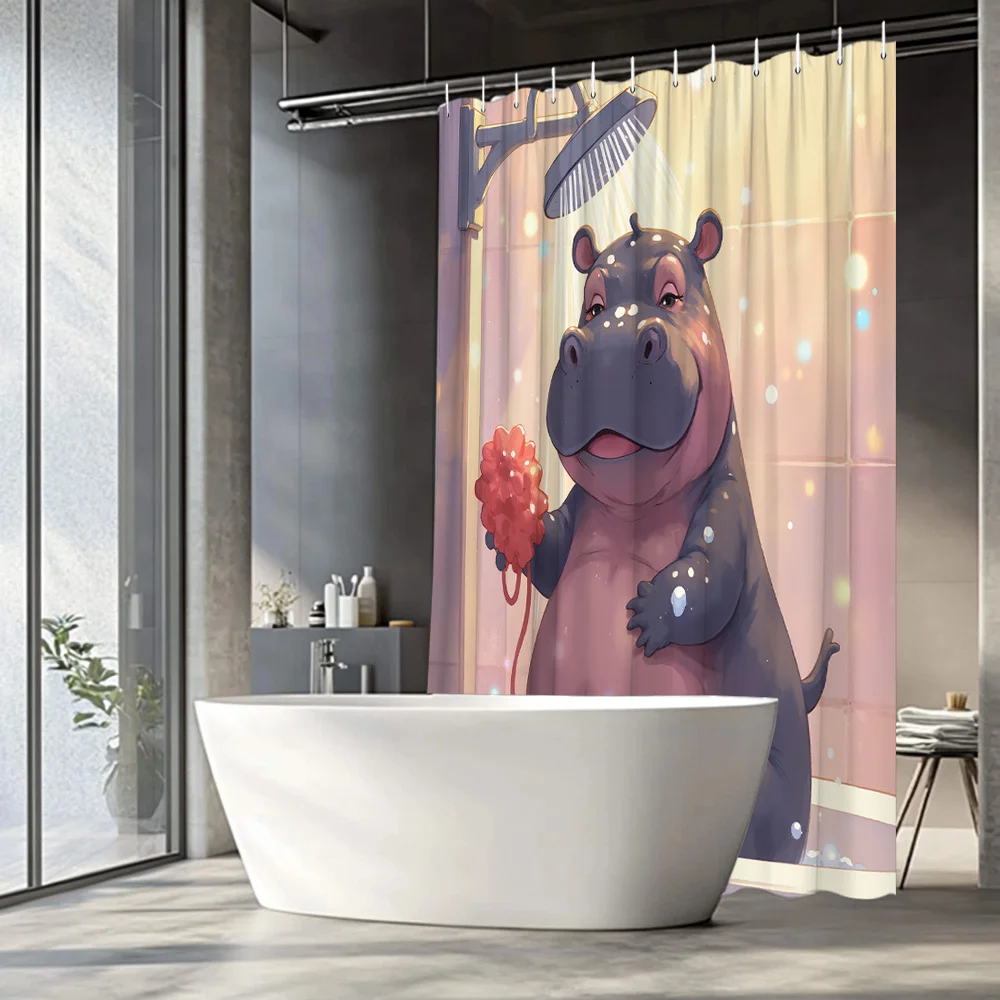1pc Whimsical Chubby Black Hippo Shower Curtain with Red Loofah - Playful Bathtub Decor, 179.83x179.83 cm Polyester Bathroom Cur